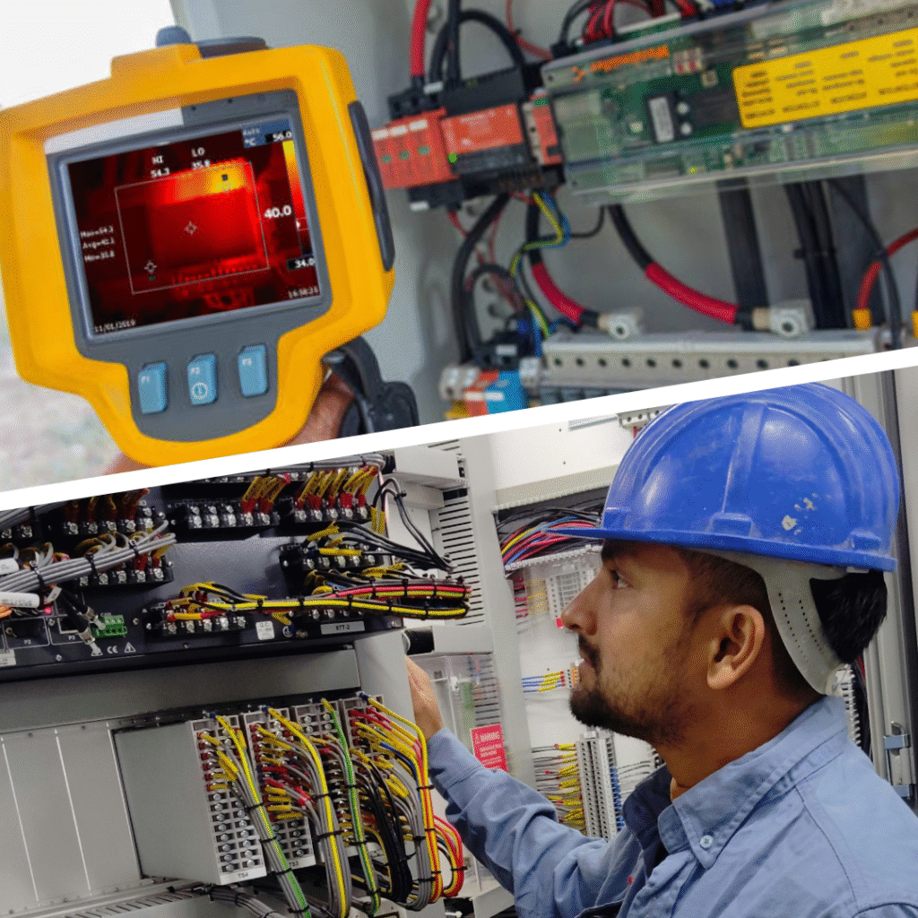Thermal imaging traditional inspections detecting hotspot in electrical breakers and cables