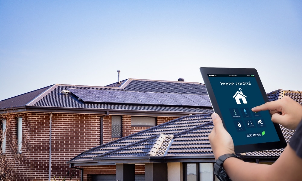 Smart energy monitoring app showing solar generation and battery usage in real-time
